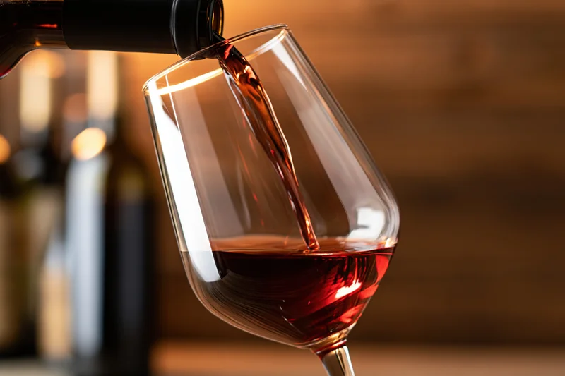 Red wine being poured from a dark bottle into a tilted crystal glass at a bar