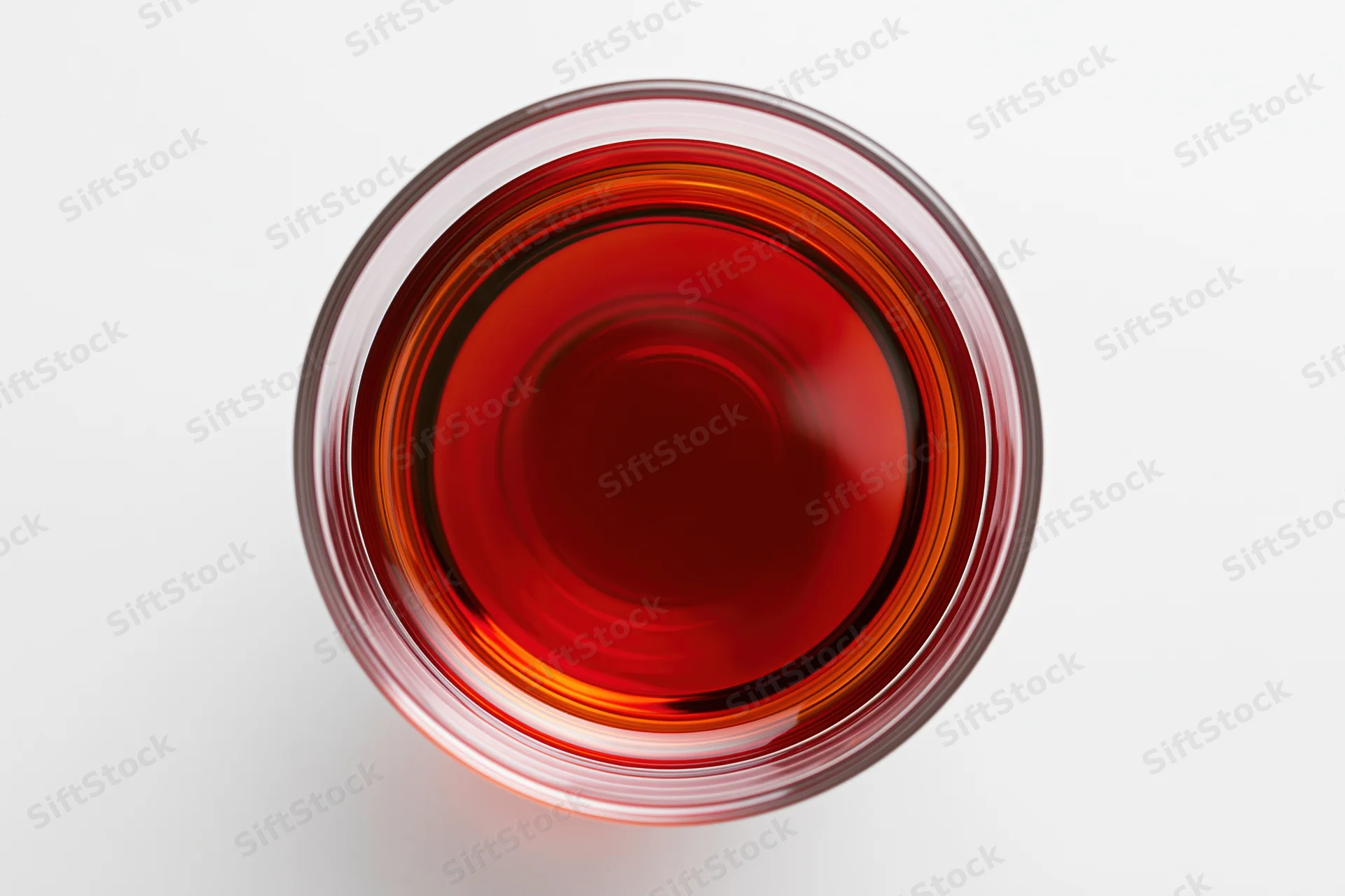 Red wine in a glass viewed from directly above on a white surface