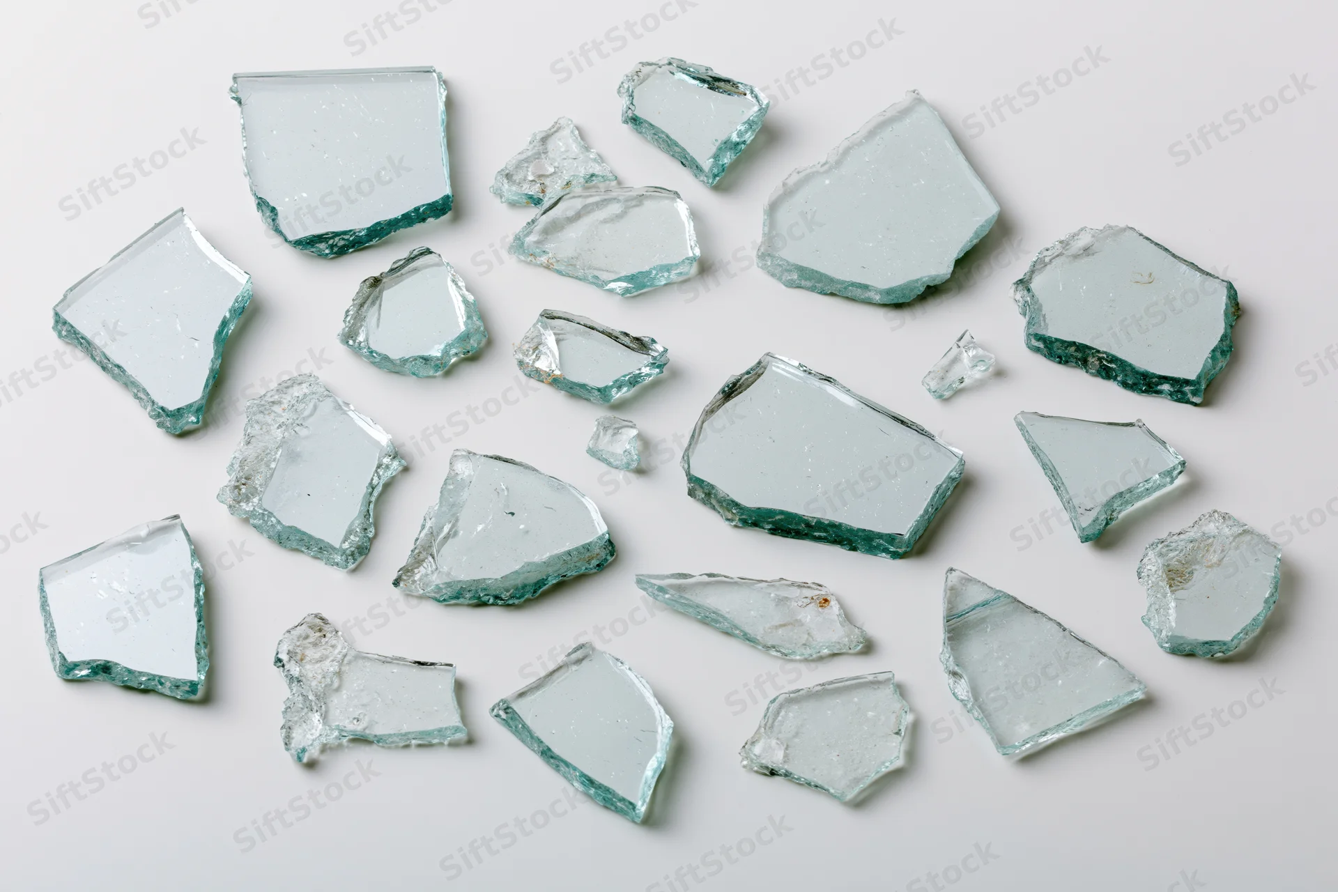 Broken glass shards scattered on a white surface