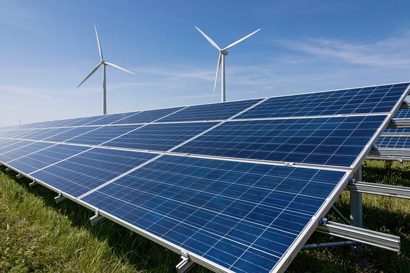 Rows of blue photovoltaic solar panels arranged in a field with wind turbines in the background under a clear blue sky
