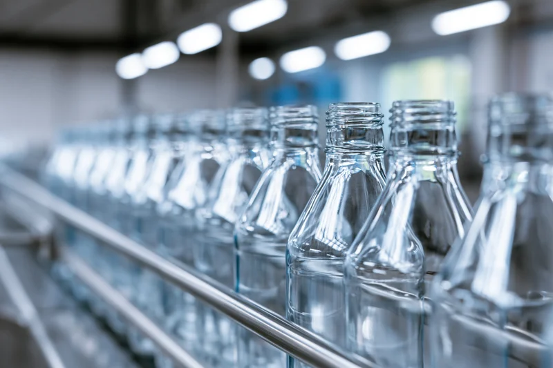 Empty clear glass bottles moving along a stainless steel conveyor in a factory production line