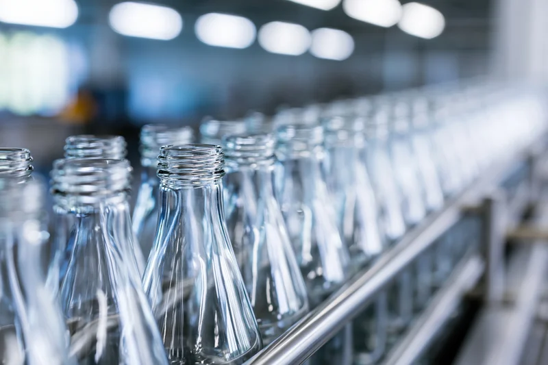 Empty clear glass bottles moving along a stainless steel conveyor in a factory production line