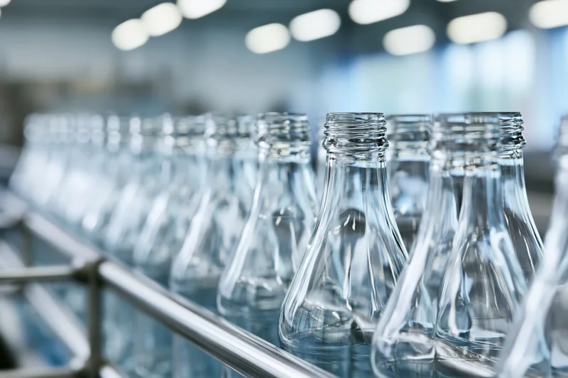 Empty clear glass bottles moving along a stainless steel conveyor in a factory production line