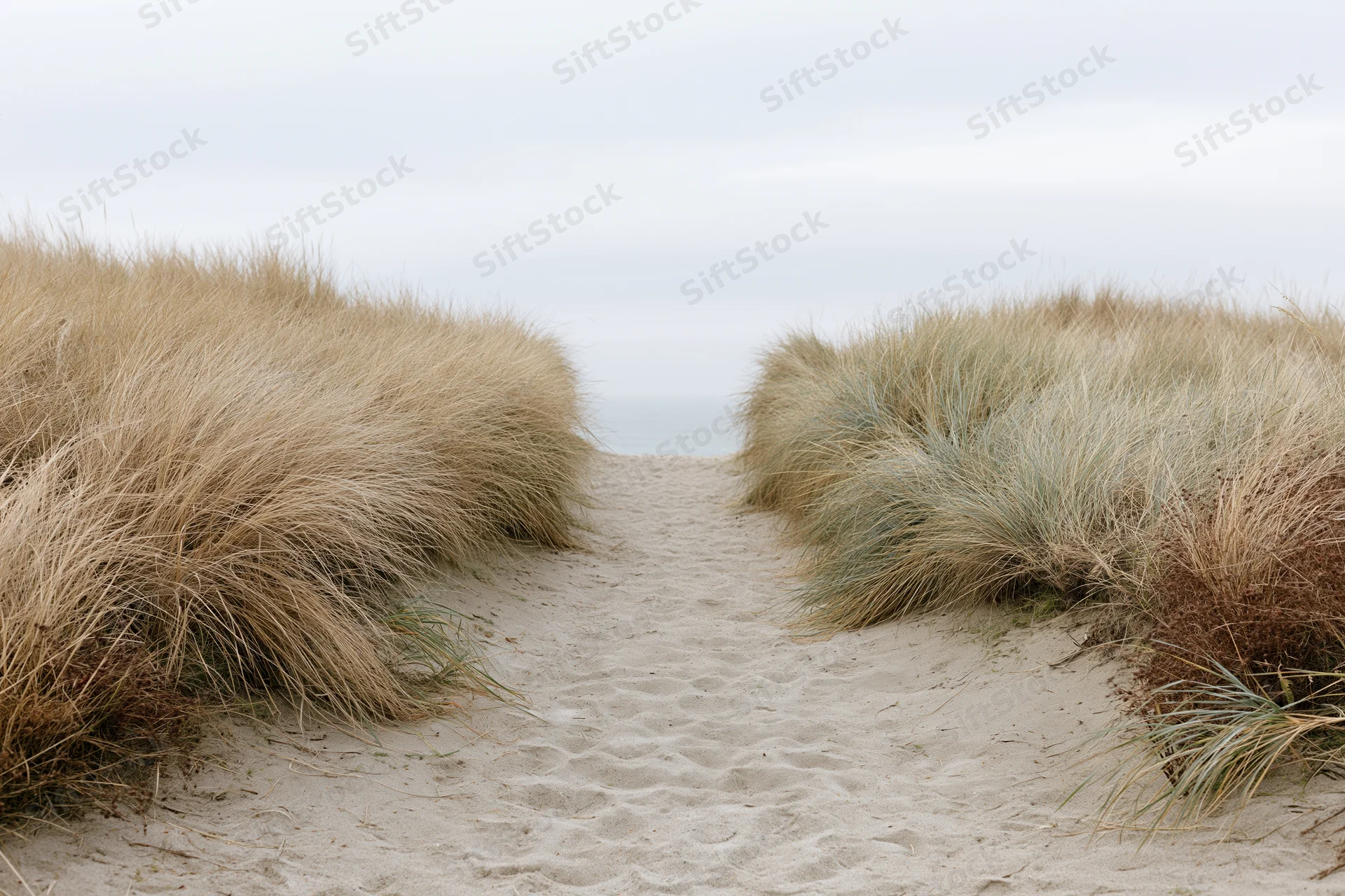 Sandy path between marram grass-covered dunes leading to the ocean shore