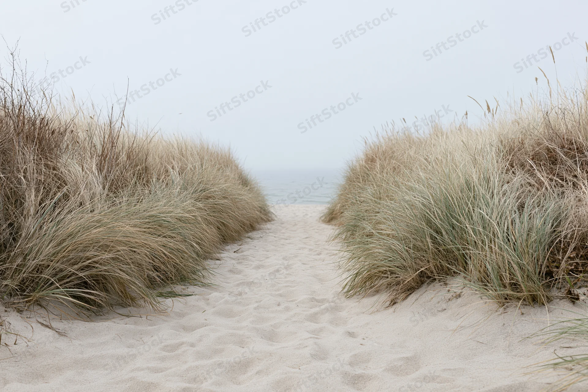 Sandy path between marram grass-covered dunes leading to the ocean shoreline