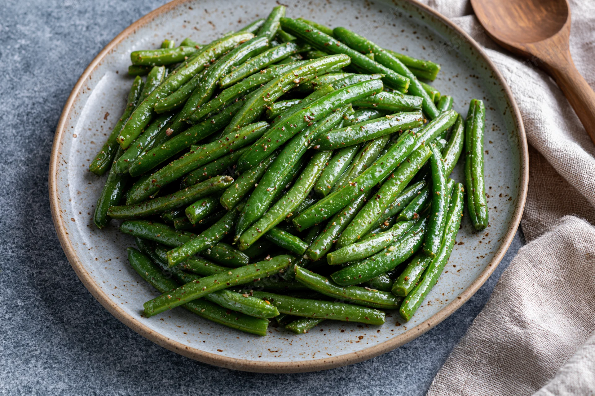 Sauteed green beans glistening with oil and spices piled on a ceramic plate beside a wooden spoon and linen napkin on a gray countertop