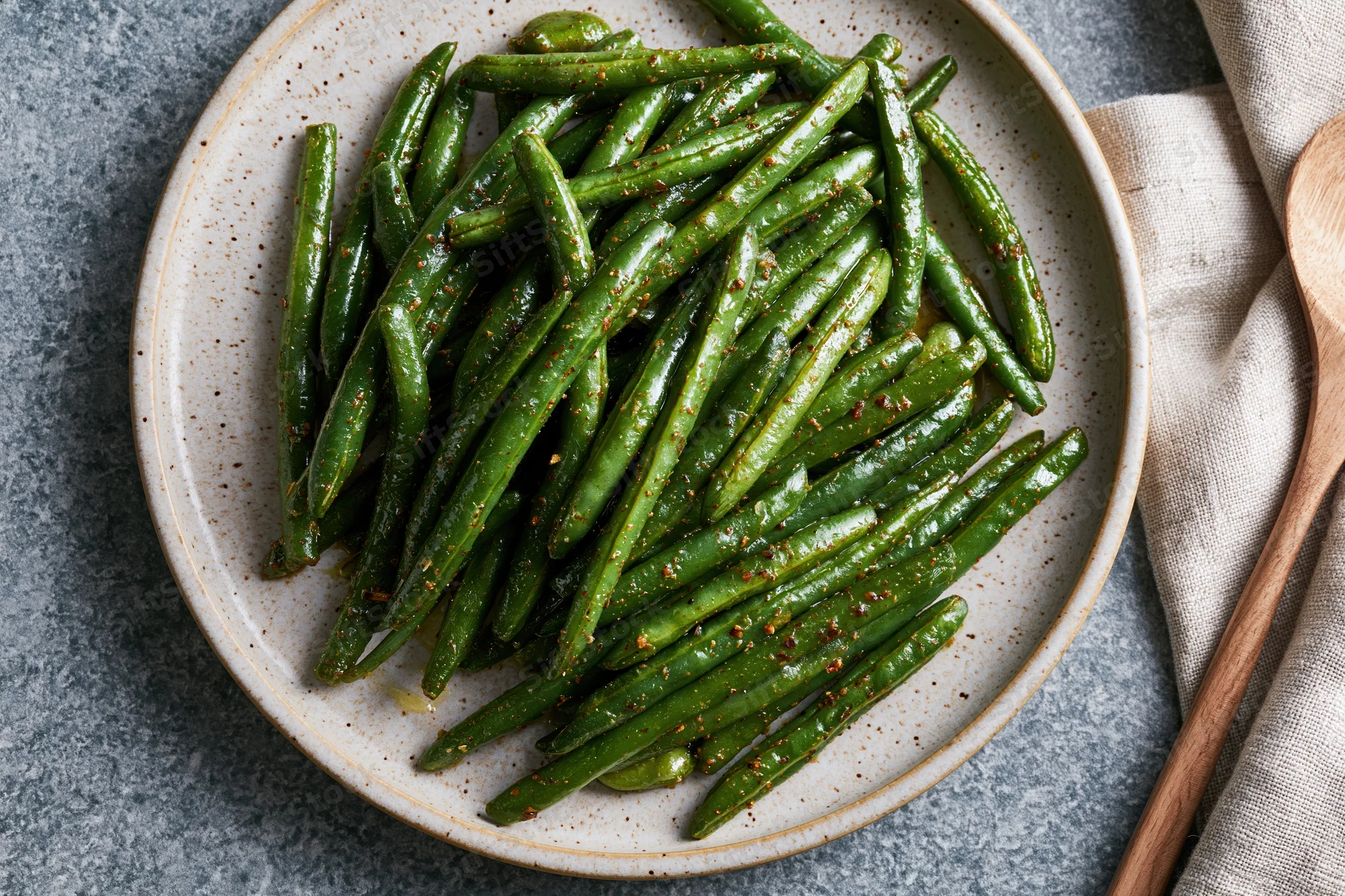 Sauteed green beans glistening with oil and spices piled on a ceramic plate with a wooden spoon and linen napkin beside it