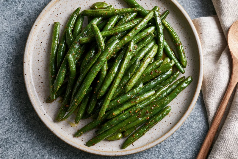 Sauteed green beans glistening with oil and spices piled on a ceramic plate with a wooden spoon and linen napkin beside it