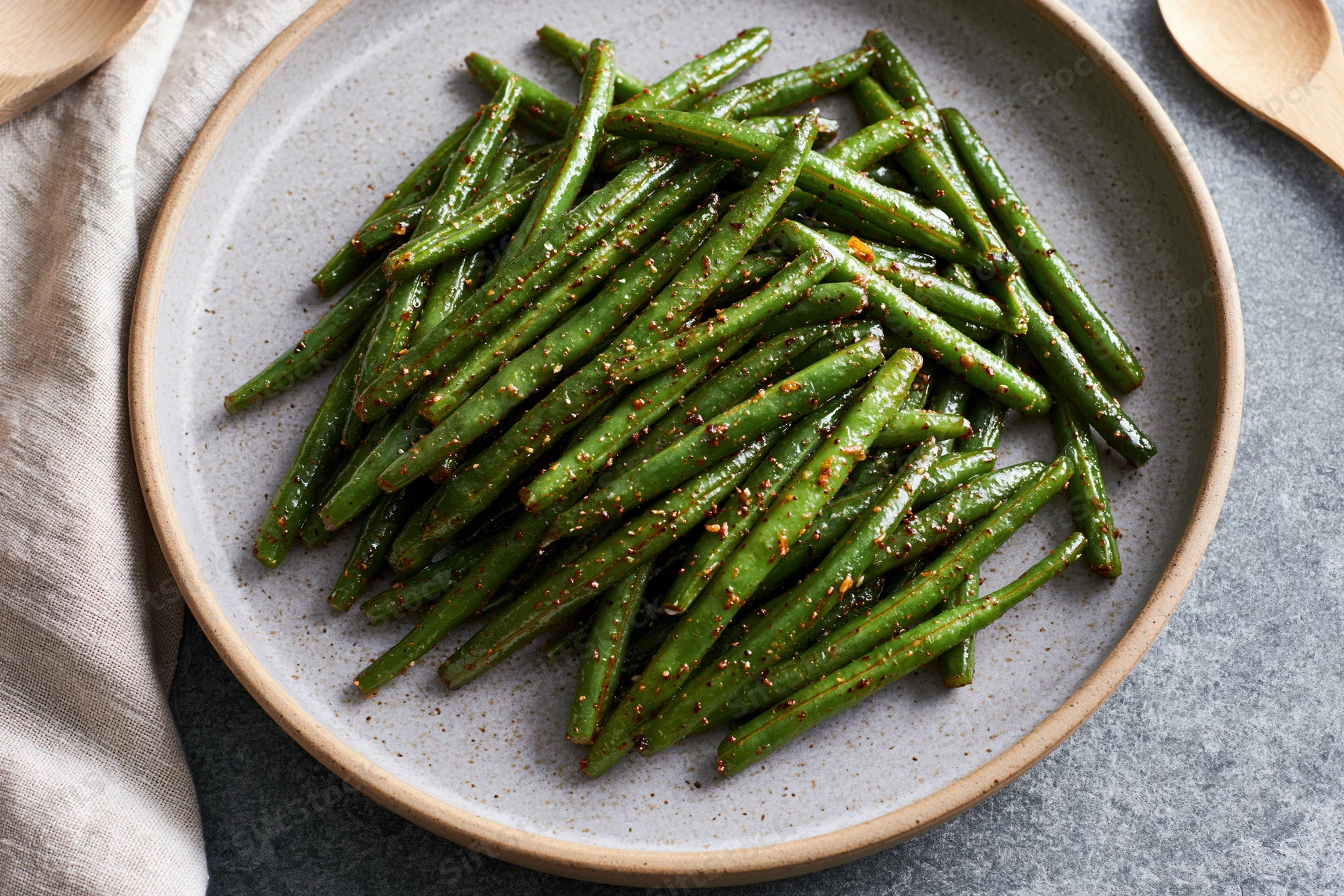Sauteed green beans glistening with oil and spices piled on a ceramic plate with copyspace around