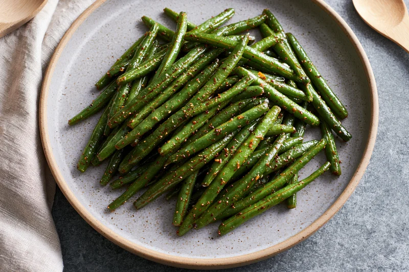 Sauteed green beans glistening with oil and spices piled on a ceramic plate with copyspace around