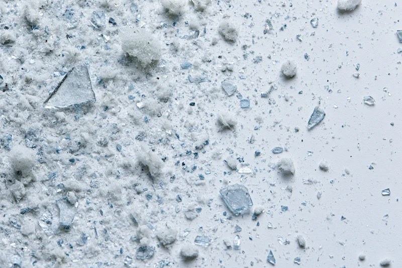 Scattered glass shards and fine debris fragments on a white surface