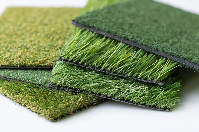 Artificial grass turf samples fanned out in overlapping arrangement on white background
