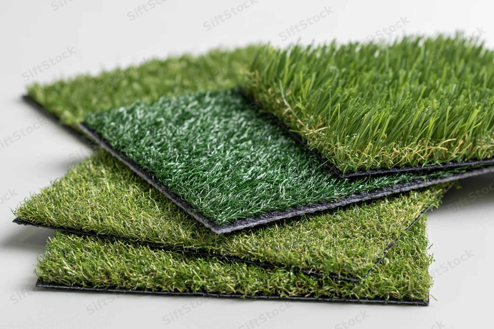 Artificial grass turf samples fanned out in overlapping arrangement on white background