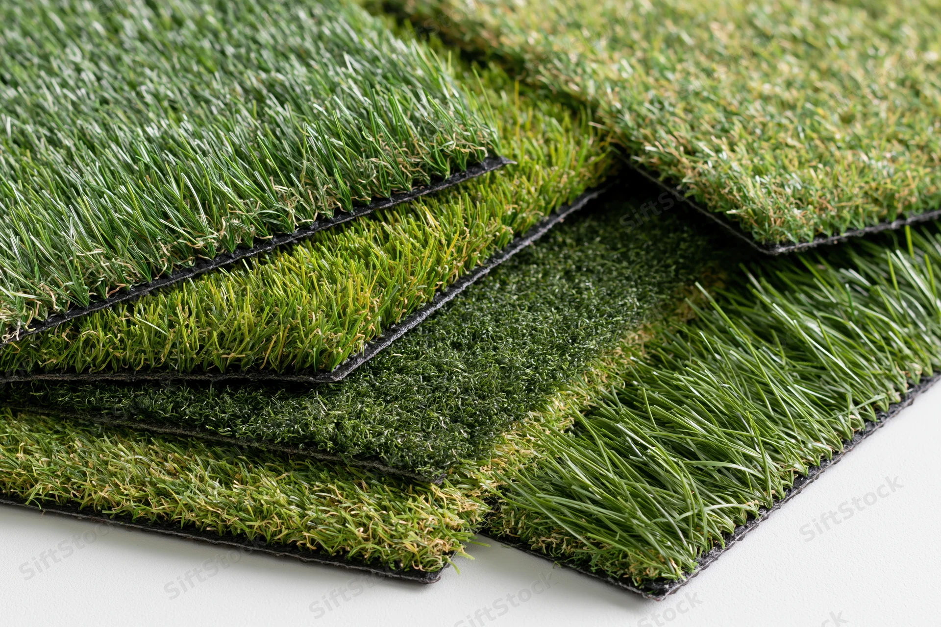 Artificial grass turf samples fanned out in overlapping layers on white background