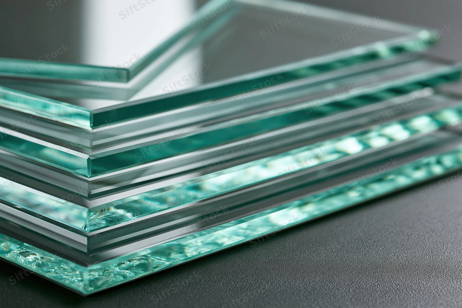 Flat glass panels stacked and fanned out on a dark surface