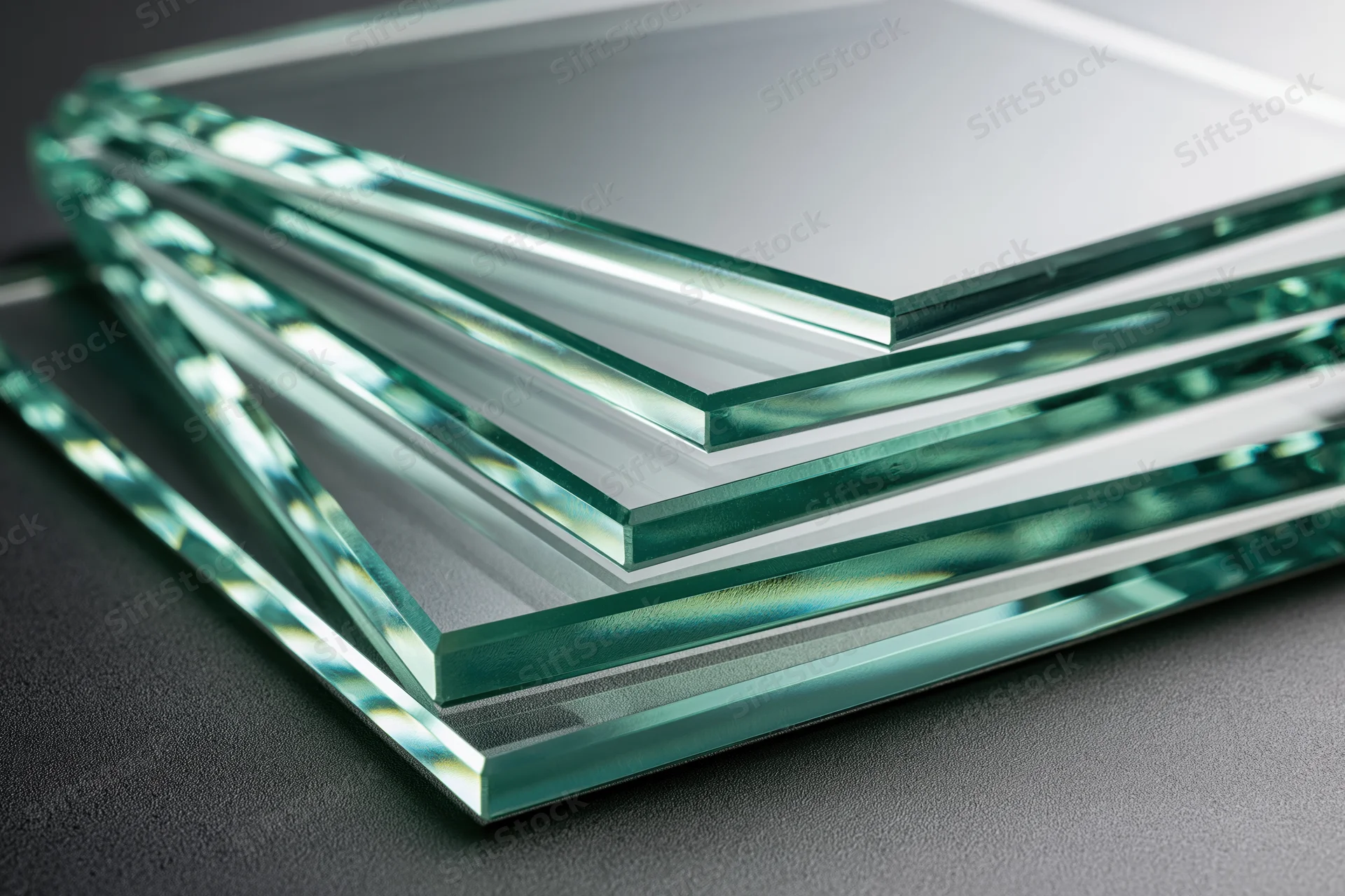 Flat glass panels stacked and fanned out on a dark surface