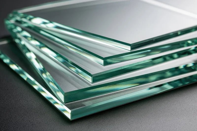 Flat glass panels stacked and fanned out on a dark surface