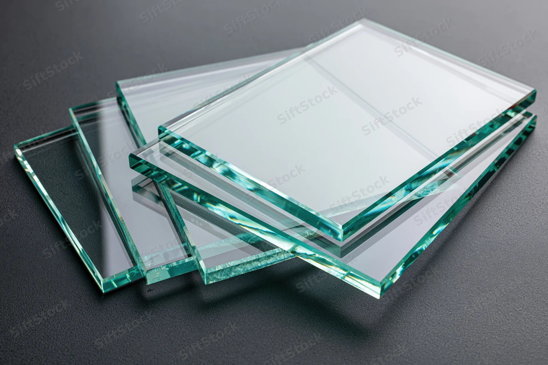 Flat glass panels stacked and fanned out on a dark surface