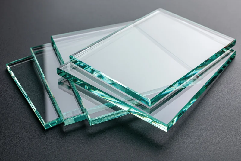 Flat glass panels stacked and fanned out on a dark surface