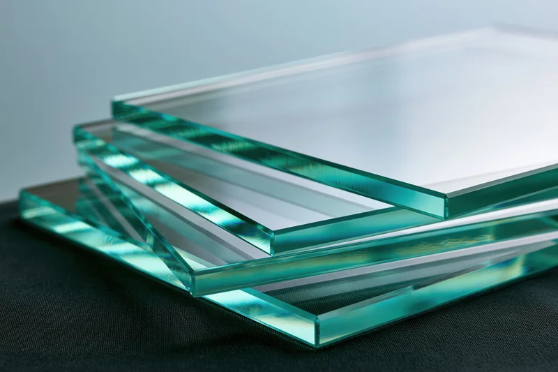 Cut glass sheets stacked and fanned out at angles on a dark surface