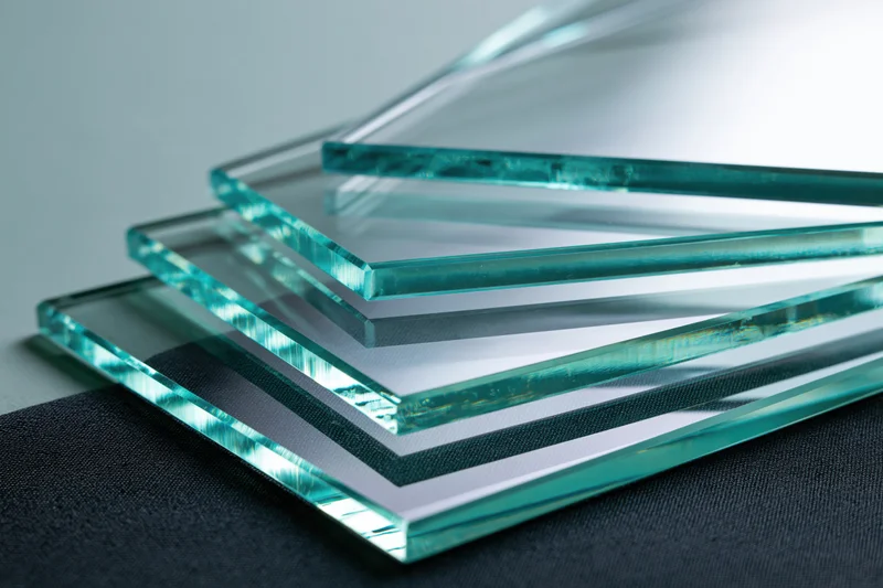 Cut glass sheets stacked and fanned out at angles on a dark surface