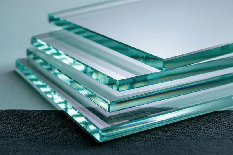 Stacked glass sheets fanned out at angles on a dark surface