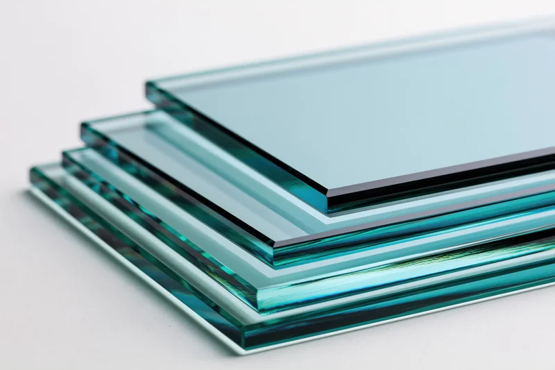Stacked rectangular sheets of tinted float glass on a white surface