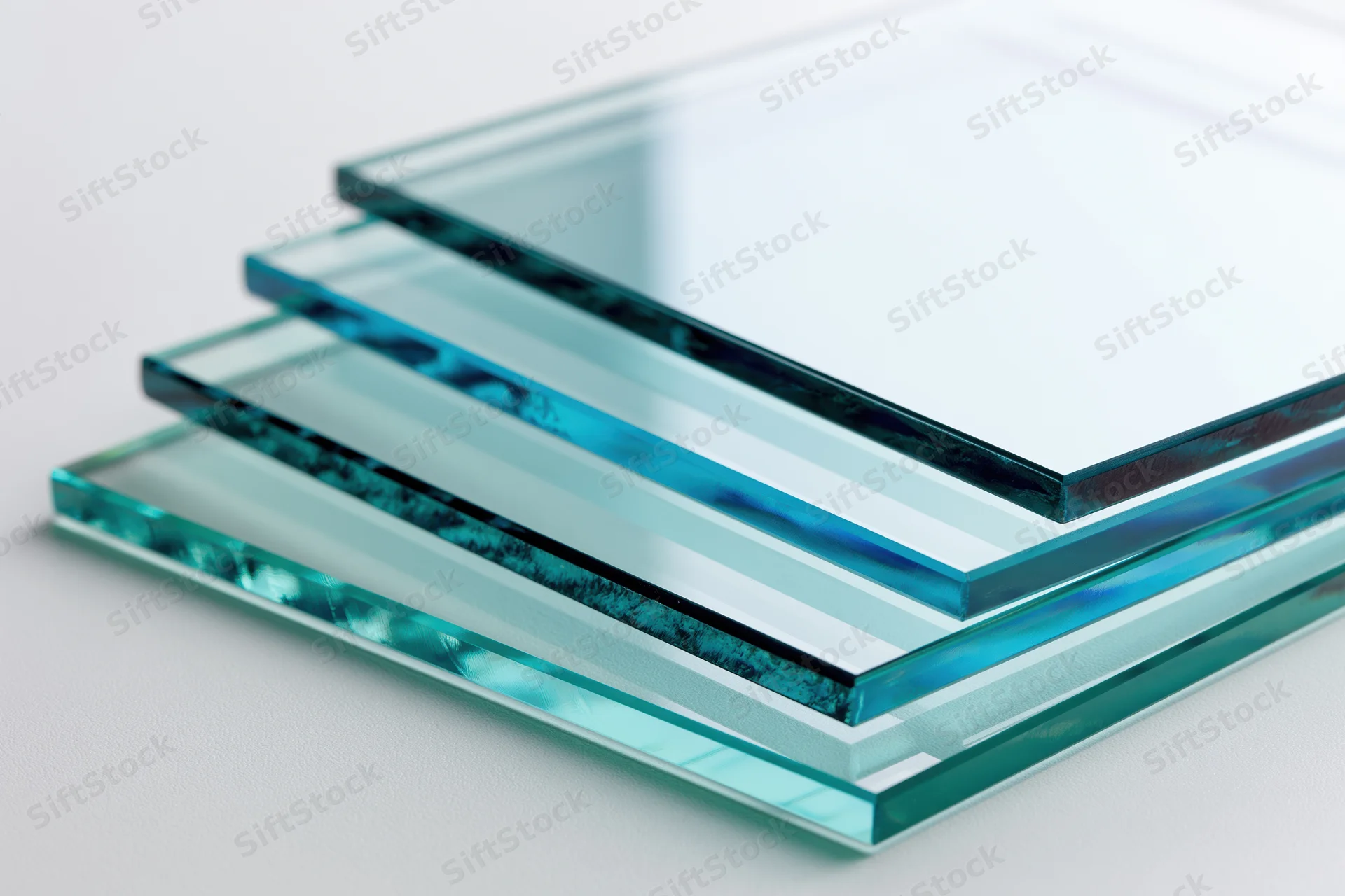 Stacked rectangular sheets of tinted float glass on white surface