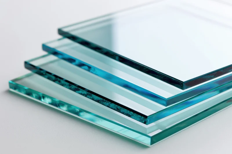 Stacked rectangular sheets of tinted float glass on white surface