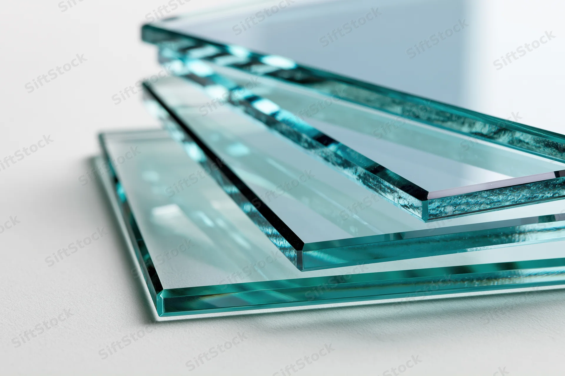 Stacked rectangular sheets of tinted float glass arranged in layers on a plain surface