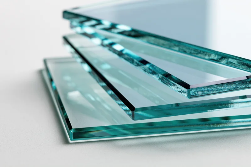 Stacked rectangular sheets of tinted float glass arranged in layers on a plain surface