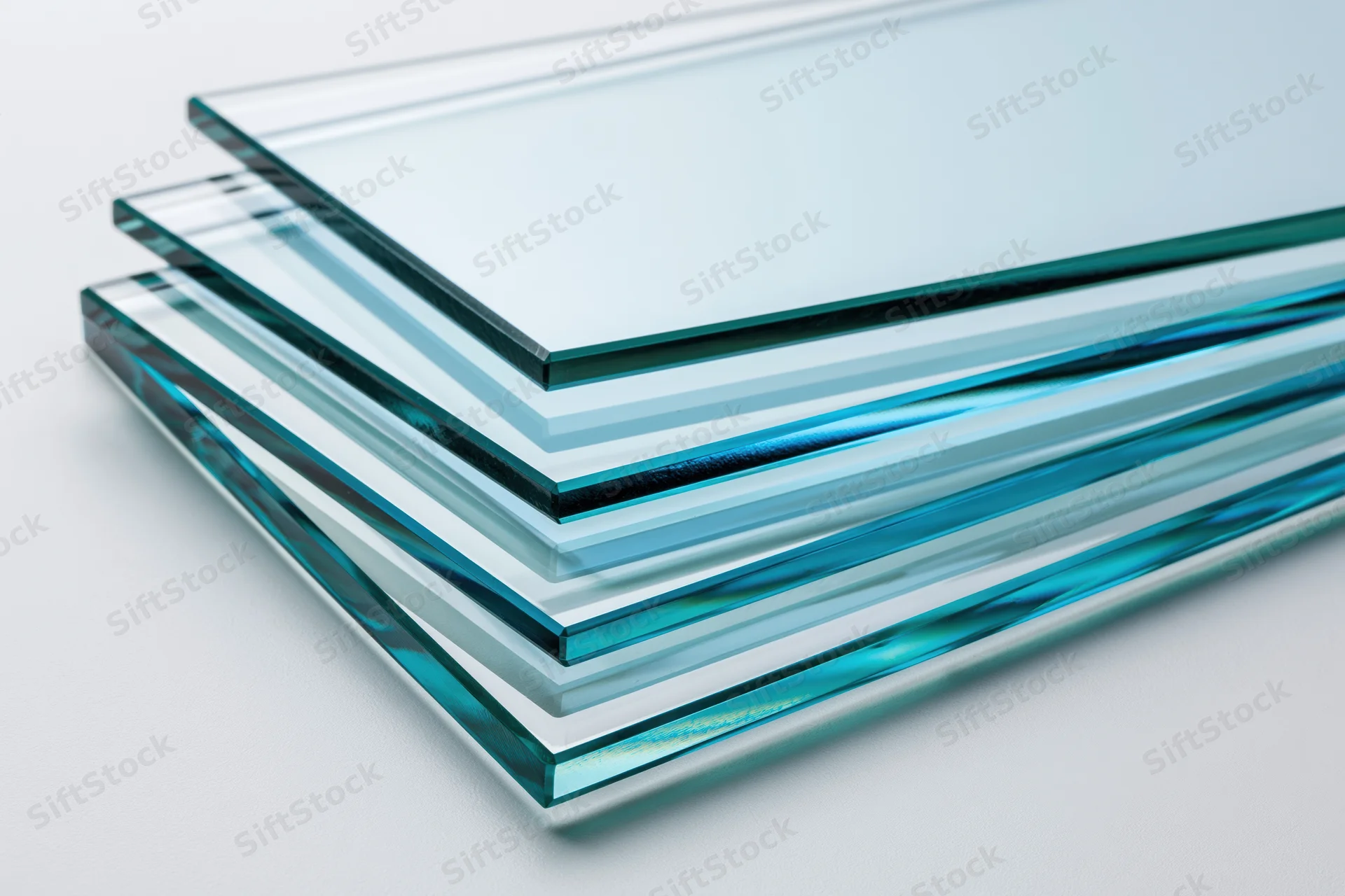 Stacked rectangular sheets of tinted float glass arranged diagonally on a white surface