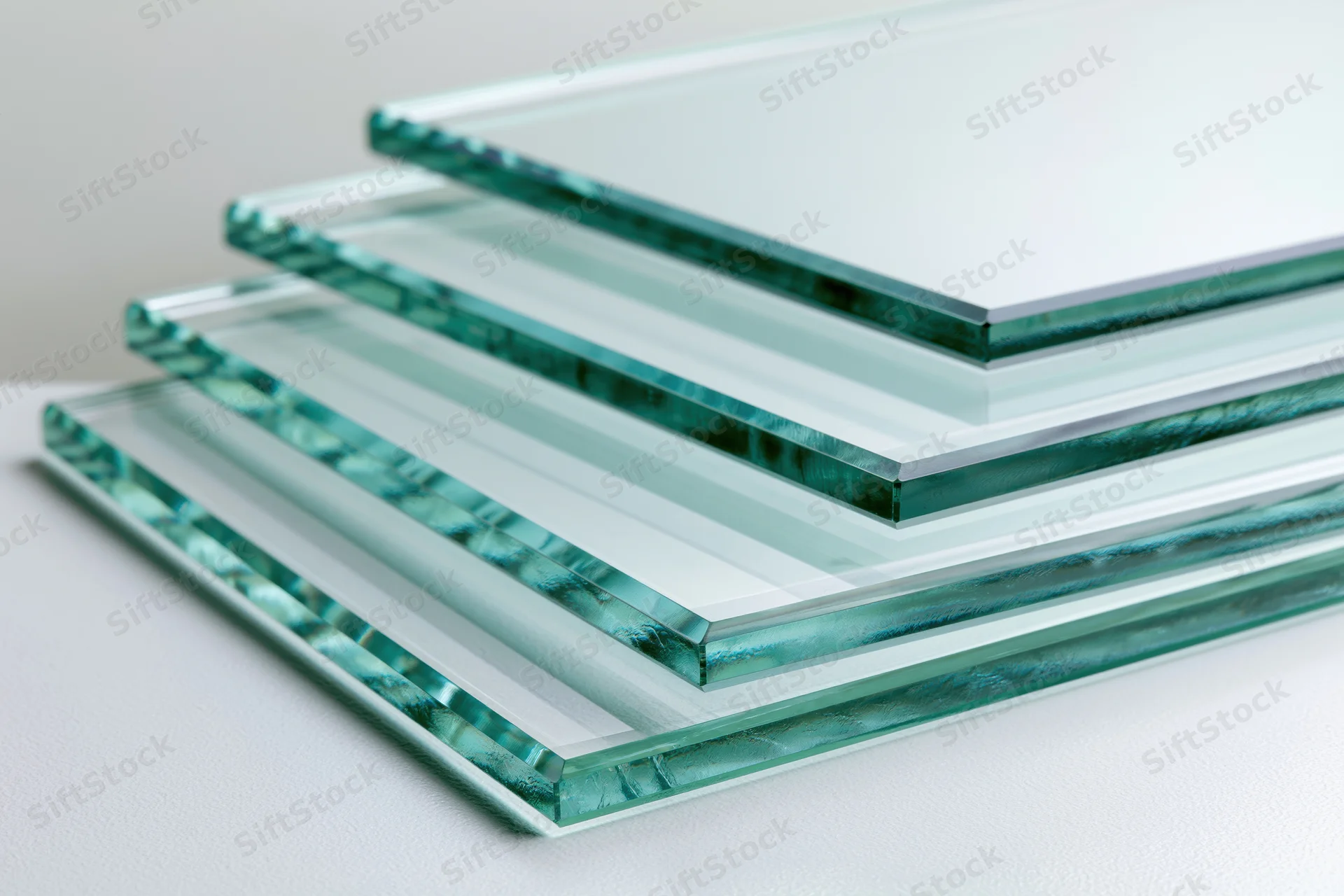 Thin rectangular float glass sheets fanned out and stacked on a white surface