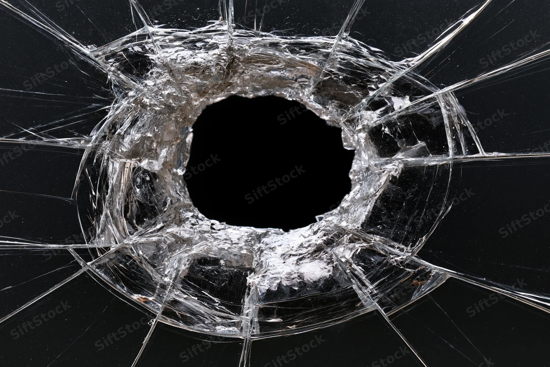 Shattered glass pane with central impact hole and radial cracks against black background