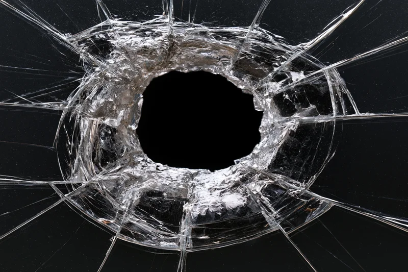 Shattered glass pane with central impact hole and radial cracks against black background