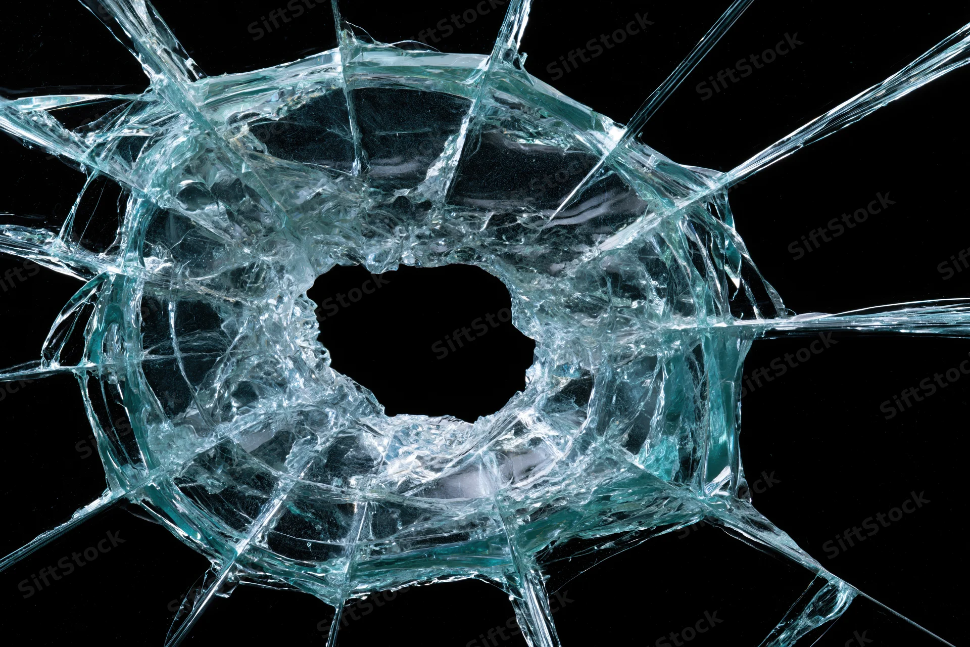 Shattered glass pane with central impact hole and radiating cracks against black background