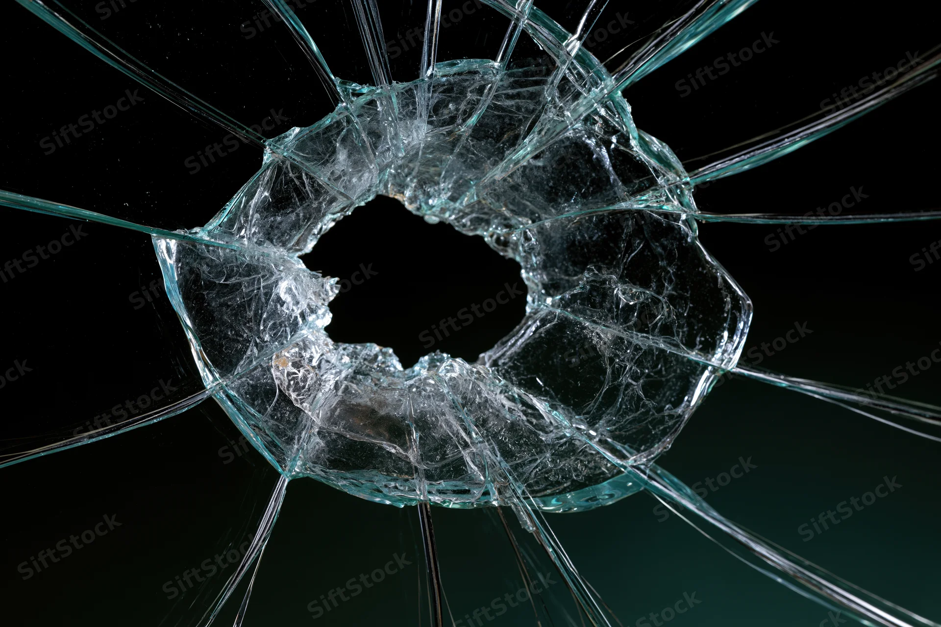 Shattered glass pane with central impact hole and radiating cracks against dark background