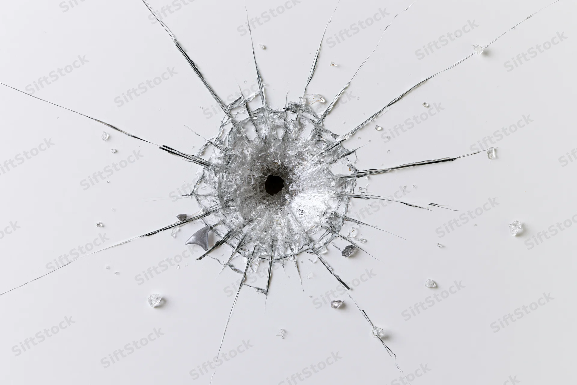Shattered glass pane with central impact hole and radial cracks on white background