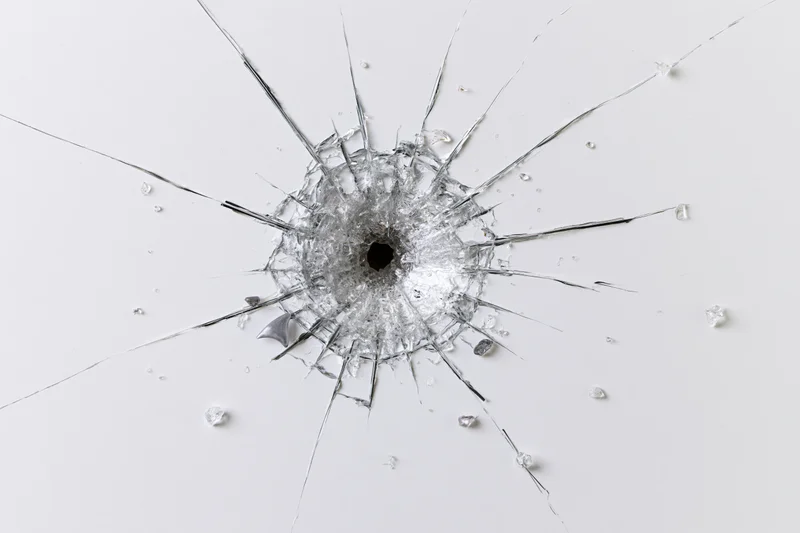 Shattered glass pane with central impact hole and radial cracks on white background
