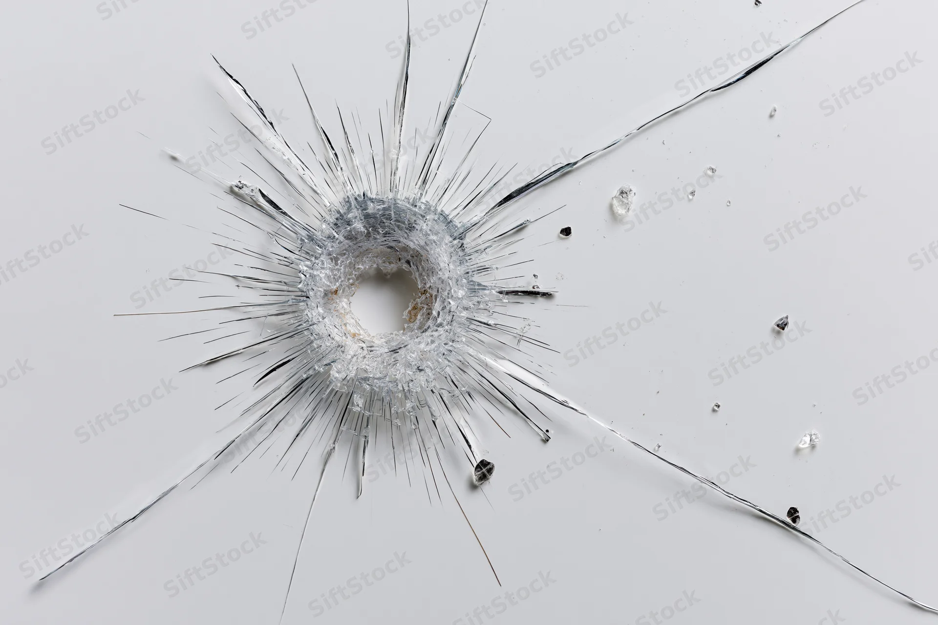 Shattered glass pane with central impact hole and radial cracks on white surface