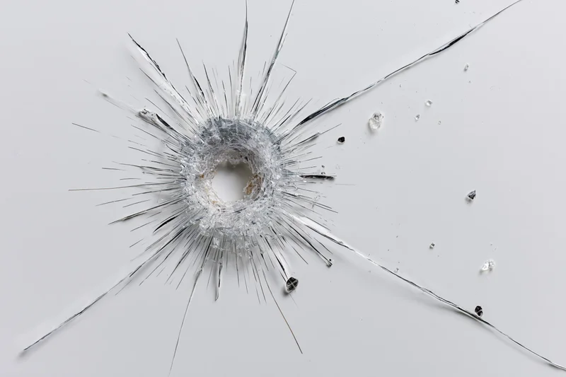 Shattered glass pane with central impact hole and radial cracks on white surface