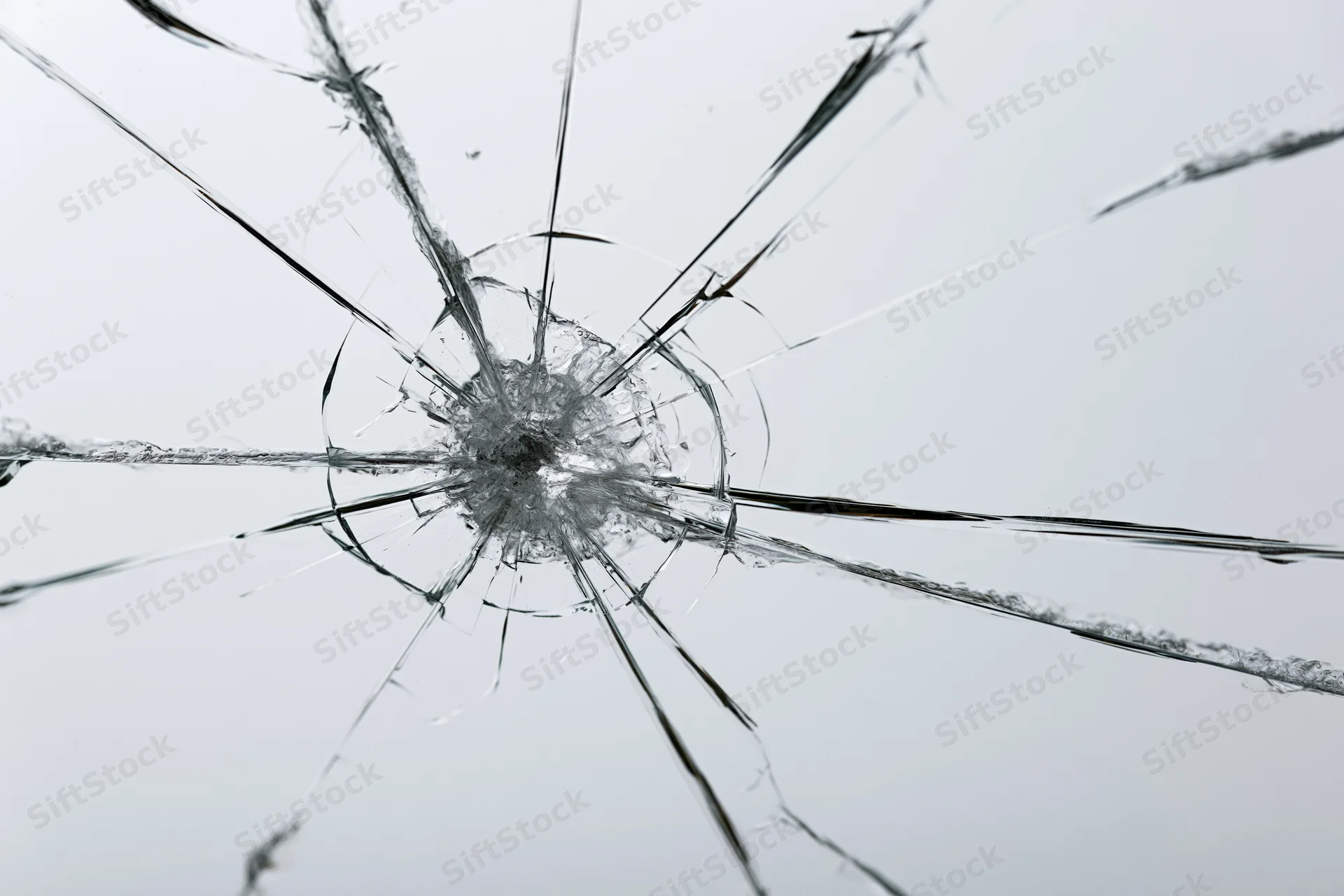 Shattered glass pane with radial cracks from central impact point