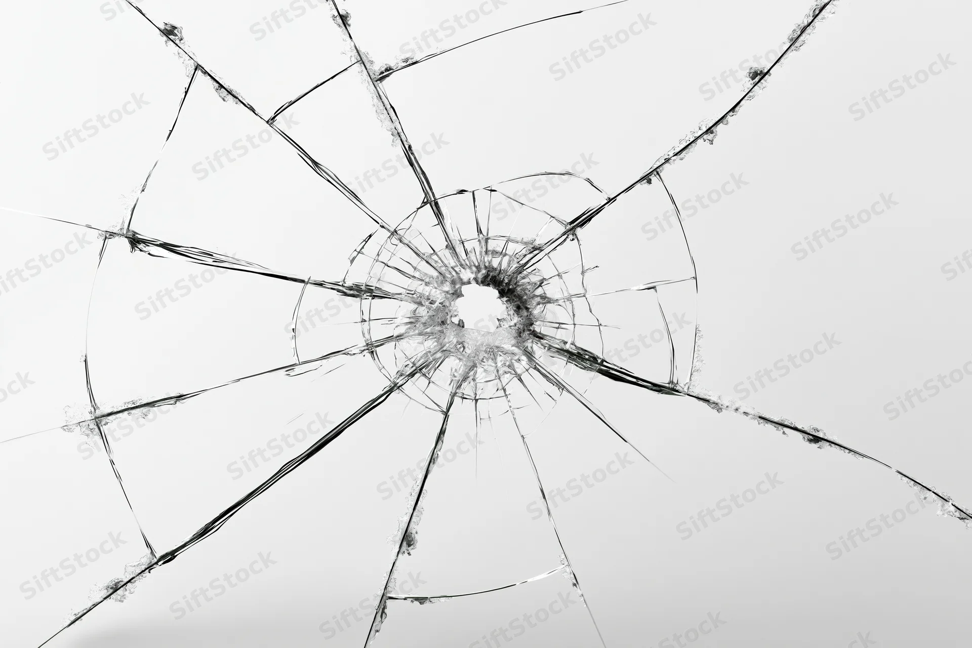 Shattered glass pane with central impact hole radiating cracks across transparent surface