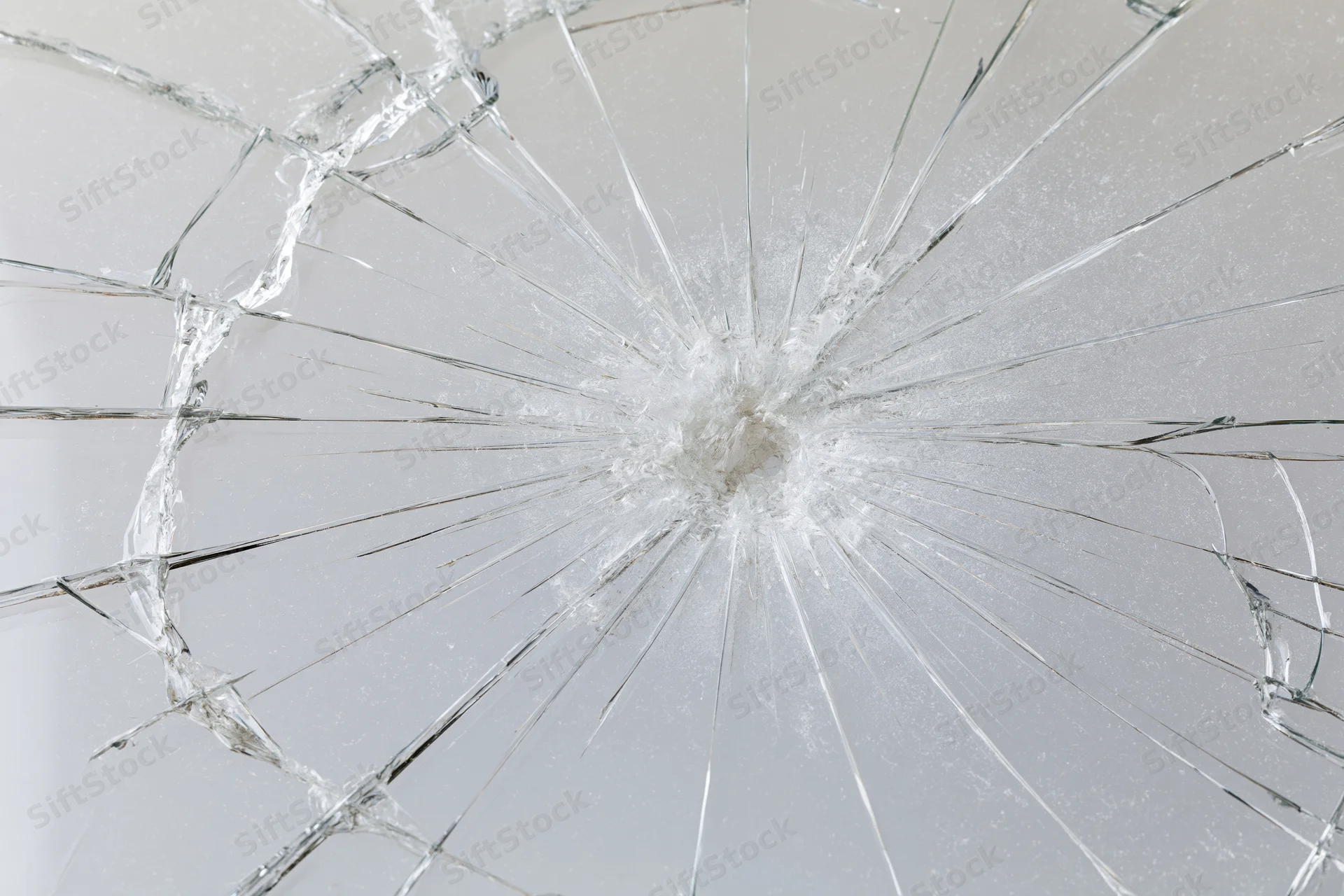 Shattered glass pane with radial cracks emanating from central impact point