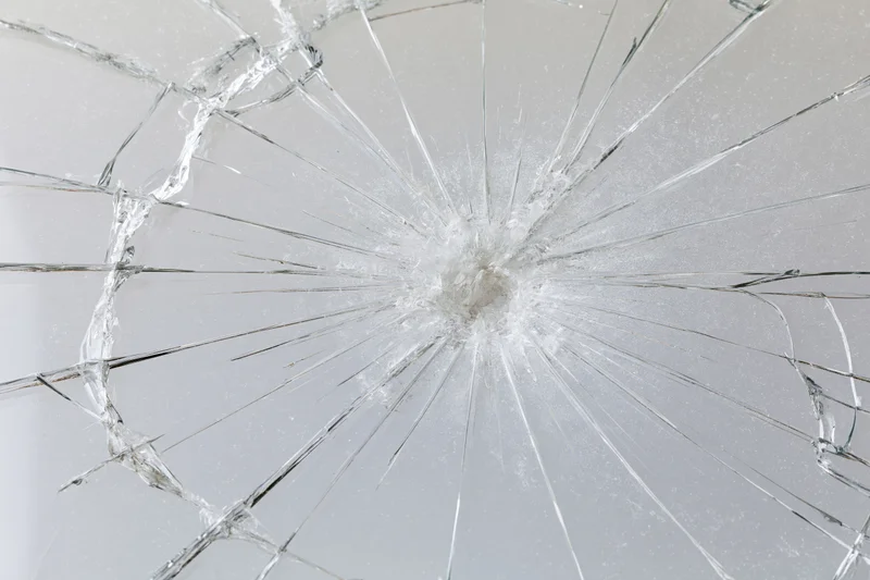 Shattered glass pane with radial cracks emanating from central impact point
