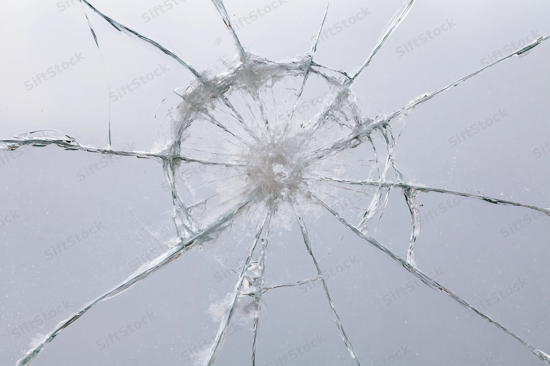 Shattered glass pane with radial cracks from central impact point
