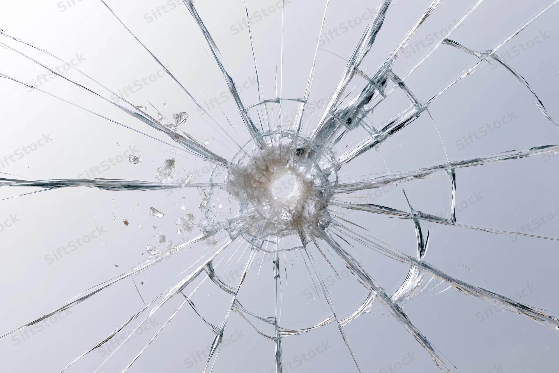 Shattered glass pane with central impact point radiating cracks across transparent surface