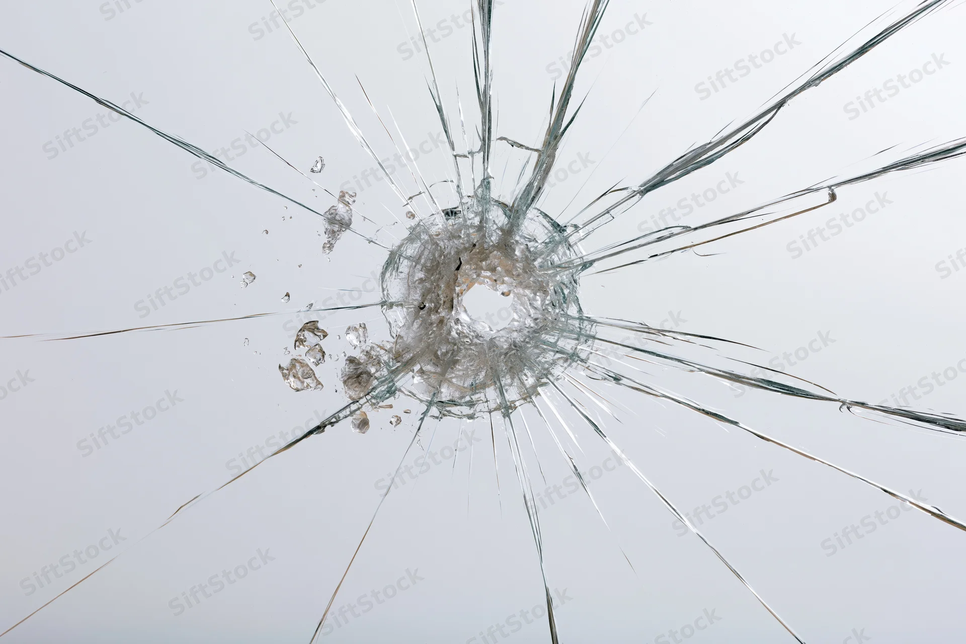 Shattered glass pane with central impact point radiating cracks across transparent surface