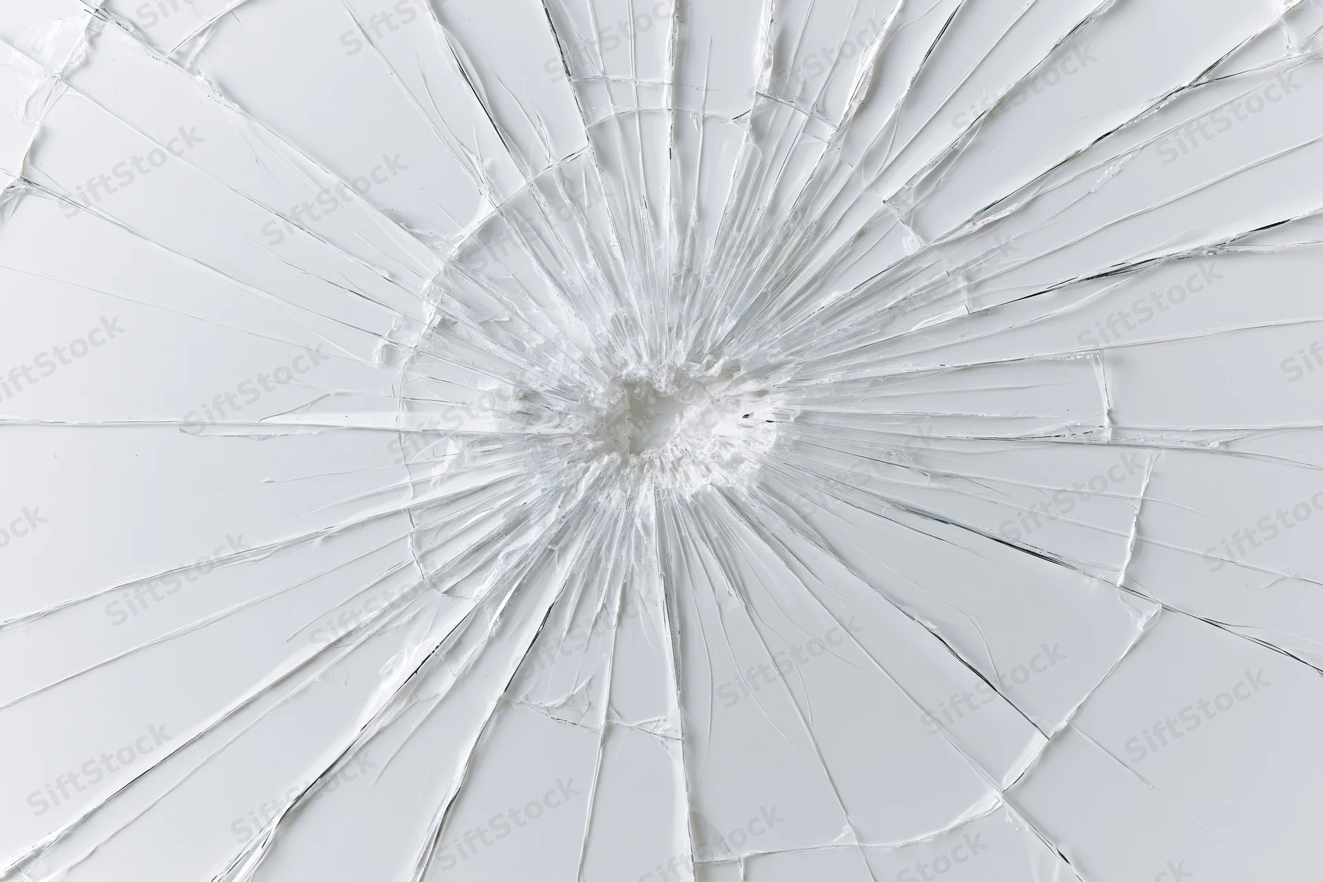 Shattered glass pane with radial cracks from central impact point