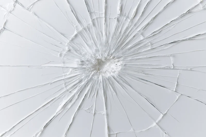 Shattered glass pane with radial cracks from central impact point